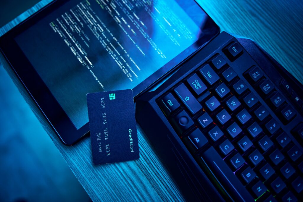 Information technology, hacking and credit card for cyber security crime, phishing and software on