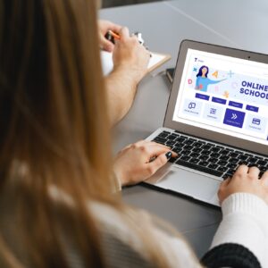 Girl student e-learning distance training course, study at home on laptop
